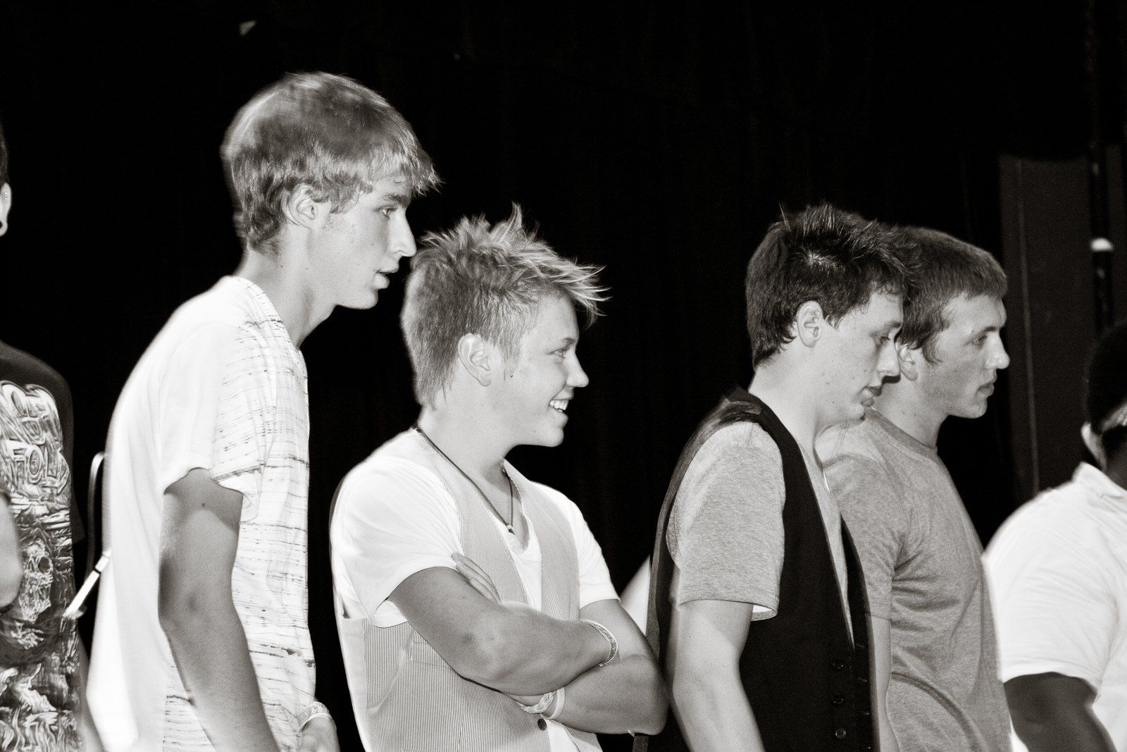 The band Broken Laces backstage at Battle of the Bands, in black and white